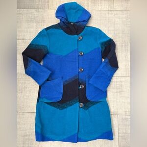 NWT Women’s 80% Wool Long Hooded Blue Colorblock Boutique Over Coat Size Small